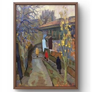 Pintura al óleo paisaje original, pintura al óleo sobre cartón, calle tranquila con casas, árboles y gente, arte hecho a mano, sin marco, arte de pared
