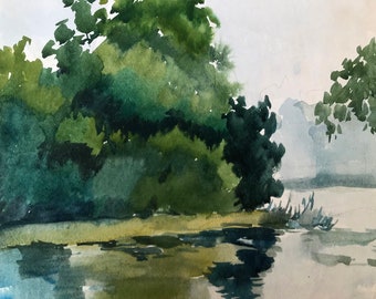 Watercolor painting River in the forest Litvinov Oleg Arkad'yevich  home decor art collectibles nAAA2865