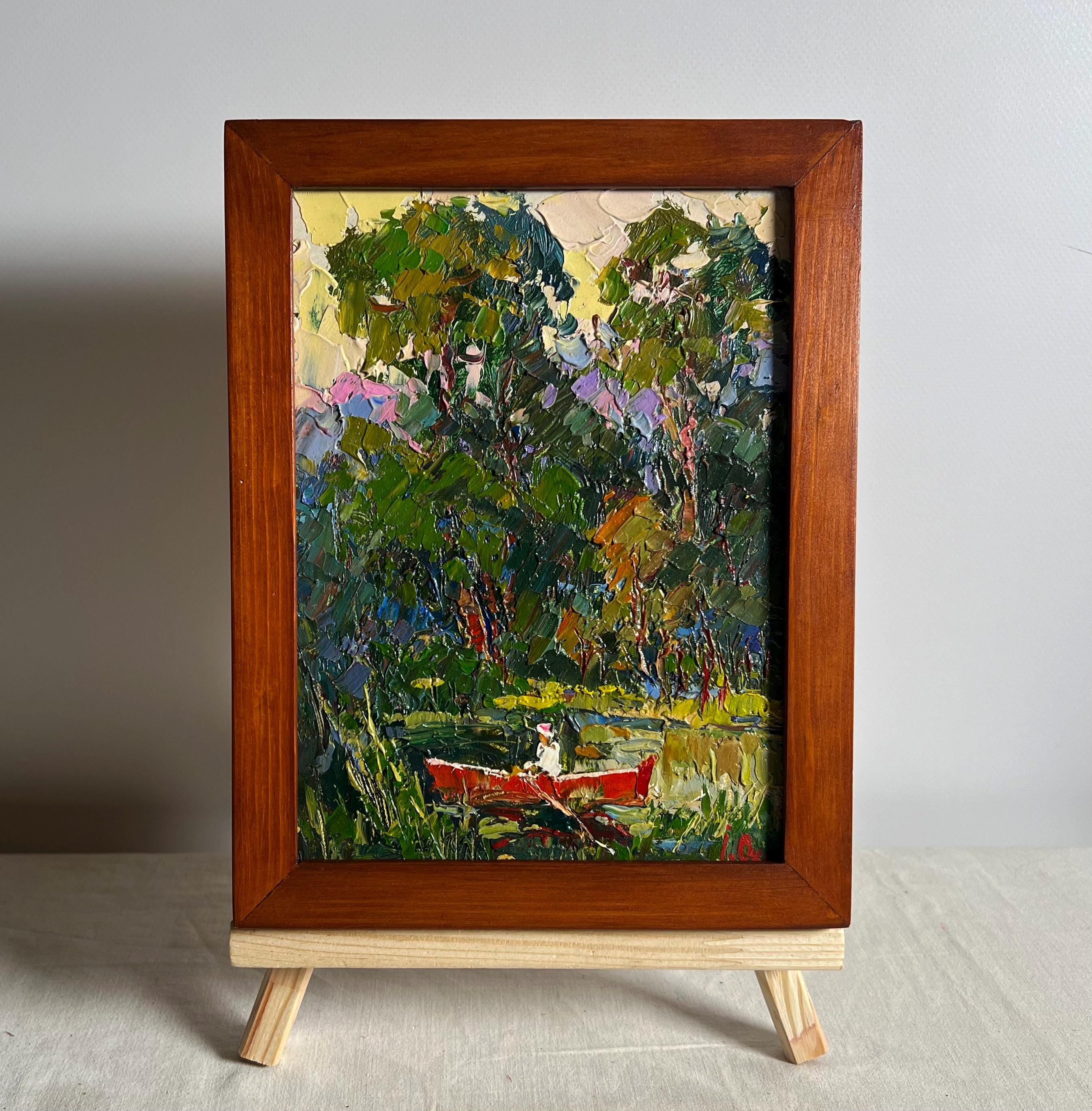 油絵風景画オリジナル、段ボールに描いた絵画、風景画、手作りアート