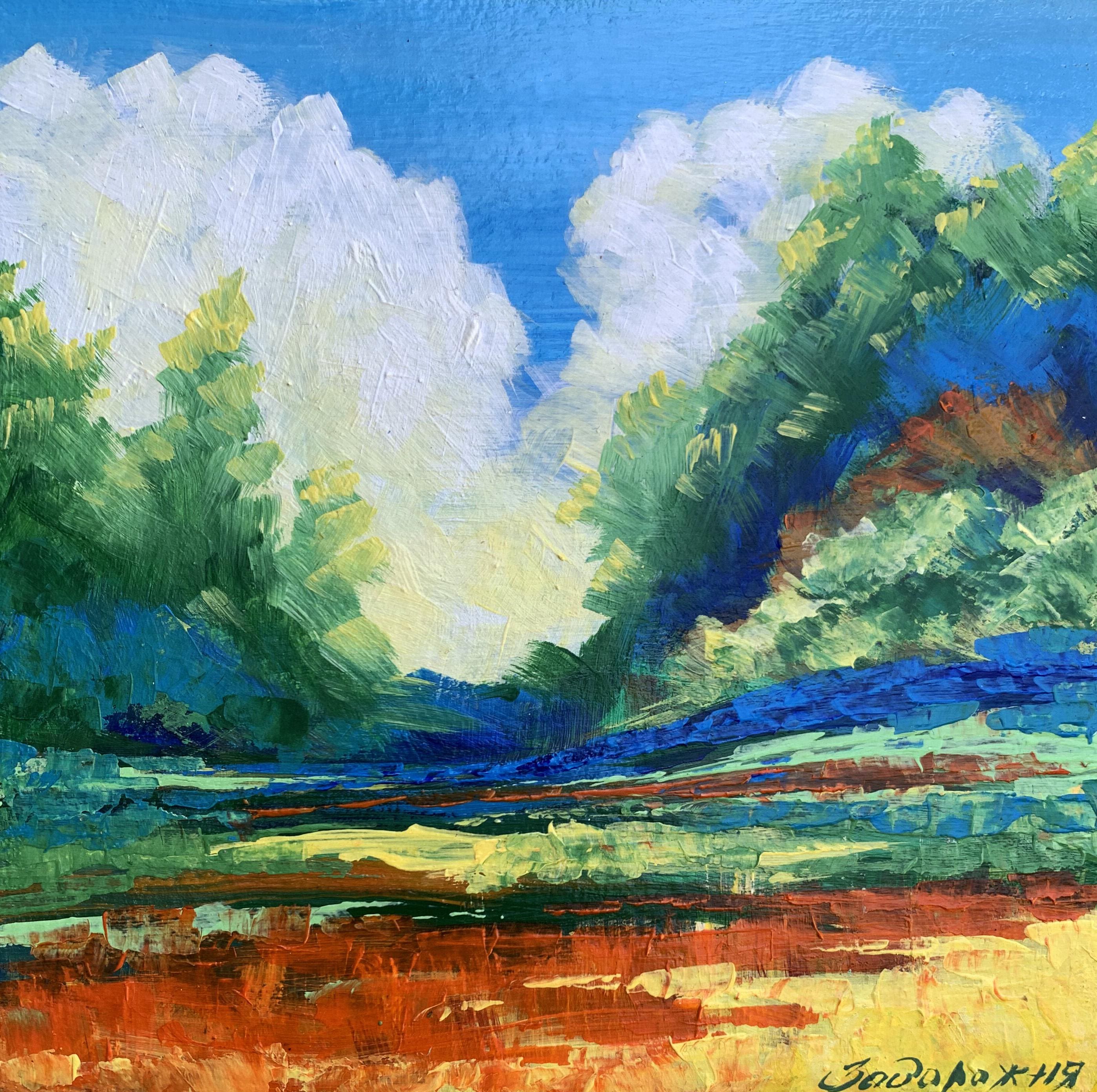 油絵風景画オリジナル、段ボールに描いた絵、草原の風景、手作りアート