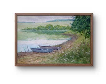 印象派風景画 川と散歩する人々D5 川沿いの散歩道、川の反射、緑の川、緑の葉、田園風景、水彩画、風景