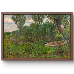 Pintura al óleo original de paisaje, pintura al óleo sobre cartón, tranquilo paisaje costero con exuberante vegetación, arte hecho a mano, enmarcado, arte de pared