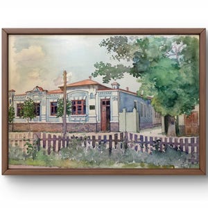 Pintura de acuarela paisaje original, pintura sobre cartón, paisaje de ciudad, arte hecho a mano, naturaleza, sin marco, museo, arte de pared