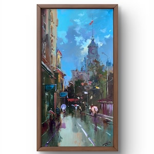 Pintura al óleo paisaje original, pintura sobre cartón, paisaje de la vida urbana, arte hecho a mano, naturaleza, sin marco, paisaje de verano, arte de pared