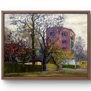 Pintura al óleo paisaje original, pintura sobre cartón, paisaje urbano, arte hecho a mano, naturaleza, sin marco, paisaje de edificios, arte de pared