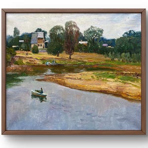 Oil painting landscape original, painting on canvas, river landscape, handmade art, nature, unframed, village landscape, wall art