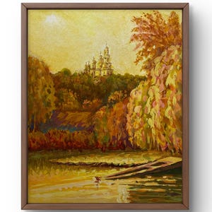Pintura a óleo paisagem original, pintura mista sobre papelão, rio sereno refletindo luz solar suave com igreja, arte artesanal, emoldurada