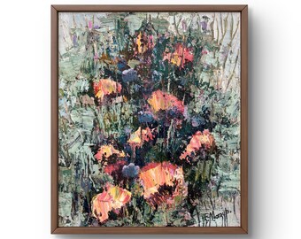 Oil painting abstract original, oil painting on canvas, colorful bouquet of wild tulips in bright shades, handmade art, unframed