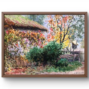 Dipinto ad acquerello paesaggio originale, dipinto su carta, paesaggio del villaggio, arte fatta a mano, natura, senza cornice, paesaggio di alberi, arte murale