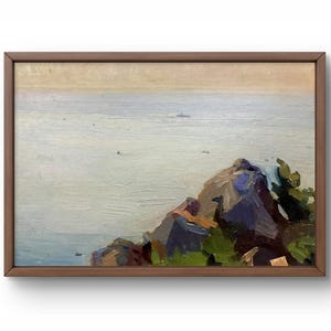 Pintura a óleo paisagem original, pintura a óleo sobre papelão, vista costeira serena com penhascos em primeiro plano, arte feita à mão, sem moldura, arte de parede