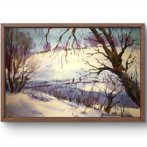 Pintura aquarela paisagem original, pintura em papelão, paisagem de inverno, arte artesanal, natureza, sem moldura, paisagem de árvores, arte de parede