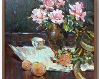 Oil painting still life original, oil painting on cardboard, bright composition of pink flowers in a vase and fruits, handmade art, unframed