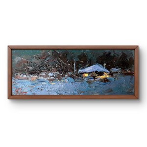 Pintura a óleo paisagem original, pintura em papelão, paisagem de vila de inverno, arte artesanal natureza paisagem de inverno sem moldura, arte de parede