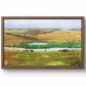 Dipinto ad acquerello paesaggio originale, dipinto ad acquerello, campagna con campi dorati, fiume tortuoso, arte fatta a mano, senza cornice
