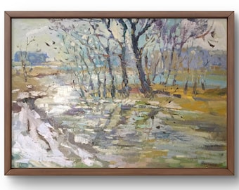 Dipinto a olio originale, dipinto a olio su cartone, sereno paesaggio costiero in tenui colori pastello, arte fatta a mano, incorniciata, arte murale