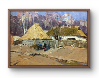 Oil painting landscape original, oil painting on cardboard, rural yard, houses with thatched roofs, handmade art, unframed, wall art