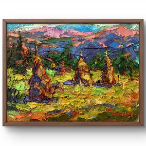 Pintura al óleo paisaje original, pintura sobre cartón, paisaje de montaña, arte hecho a mano, naturaleza, sin marco, paisaje de verano, arte de pared