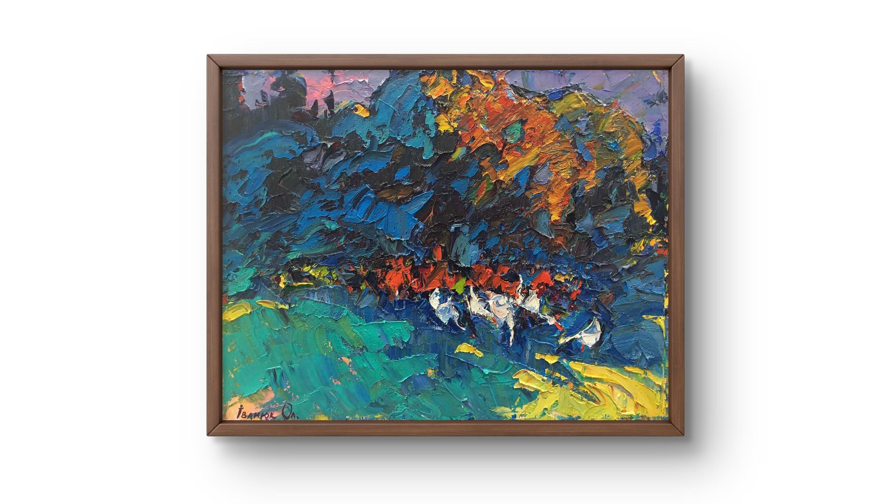 油絵風景画、青、緑、燃えるようなオレンジの豊かなパレットを使用した