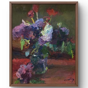 Pintura a óleo natureza morta original, pintura a óleo sobre papelão, arranjo floral brilhante com textura rica, arte feita à mão, emoldurada, arte de parede