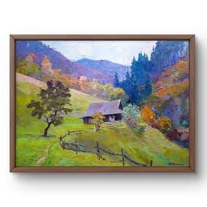 Charming Village House on Lush Hill - Original Oil Painting on Canvas, Unframed Wall Art