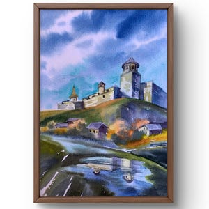 Dipinto ad acquerello paesaggio originale, dipinto su carta, paesaggio del castello, arte fatta a mano, natura, senza cornice, paesaggio del villaggio, arte murale