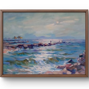Ölgemälde Landschaft, Ölgemälde auf Leinwand, Strand am Meer mit Menschen, Wellen brechen auf Felsen, mit Menschen, handgemachte Kunst, ohne Rahmen