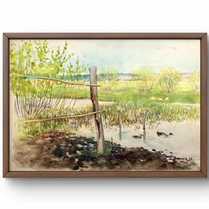 Dipinto ad acquerello paesaggio originale, dipinto su carta, paesaggio fluviale, arte fatta a mano, natura, senza cornice, paesaggio di anatre, arte murale