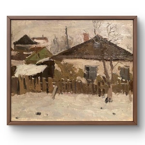 Pintura al óleo paisaje original, pintura al óleo sobre cartón, casa de pueblo en paisaje invernal nevado con pinceladas ásperas, arte hecho a mano