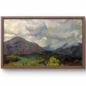 Pintura al óleo paisaje original, pintura al óleo sobre cartón, colinas cubiertas de bosque y campos, lluvia en las montañas, arte hecho a mano