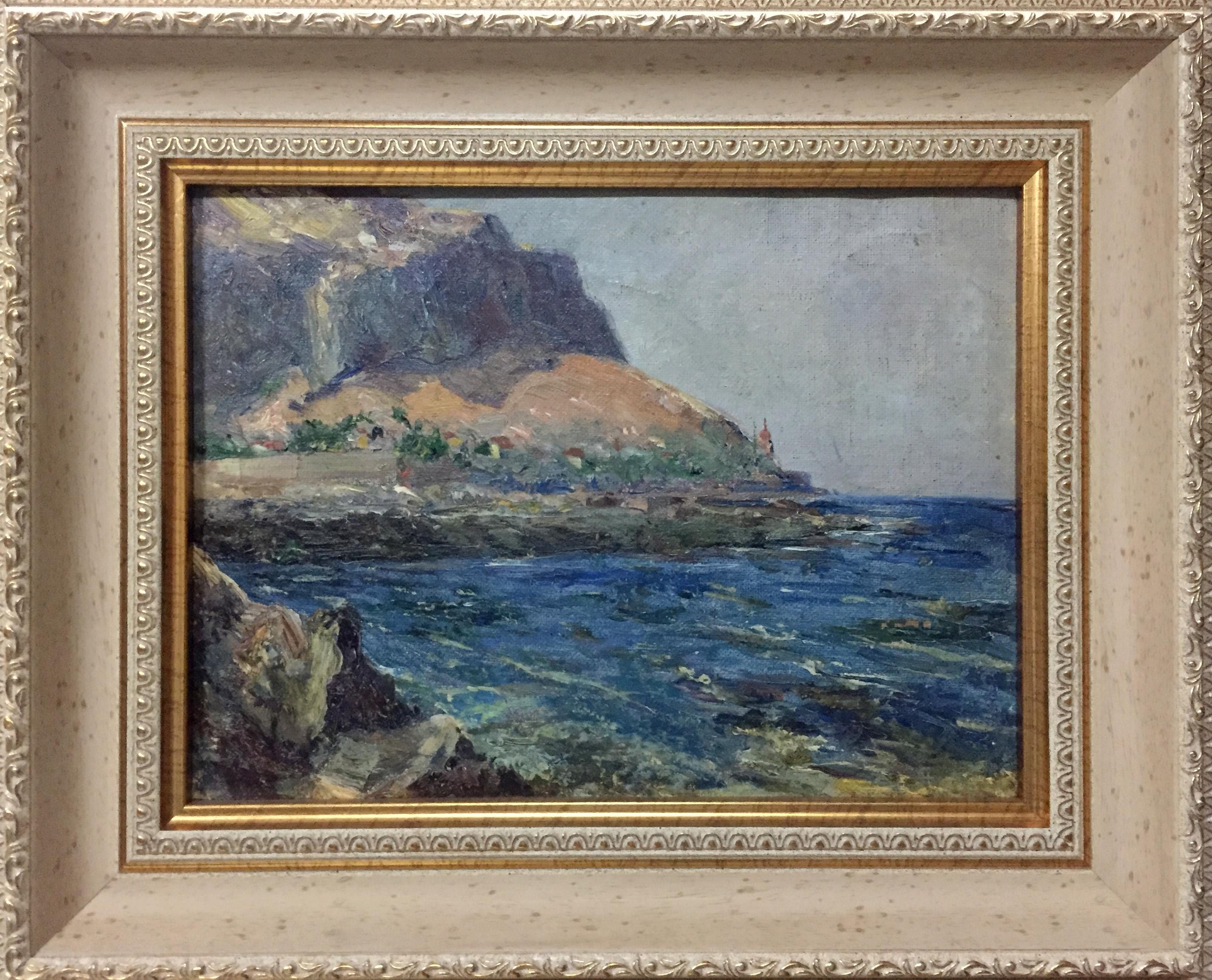 油絵風景画オリジナル、キャンバスに油絵、険しい岩のある海岸の風景