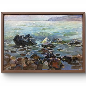 Pintura a óleo paisagem original, pintura a óleo sobre papelão, paisagem marinha, costa rochosa, ondas quebrando nas rochas, arte feita à mão, sem moldura, arte de parede
