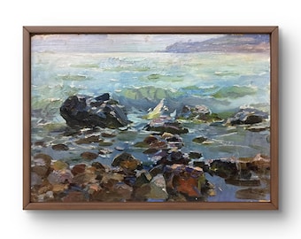 岩、海、壁アート、木、山、海景、オリジナル油絵、24インチ×18インチ