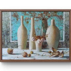 Oil painting still life original, oil painting on canvas, elegant arrangement of vases and dried flowers, handmade art, unframed, wall art