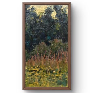 Pintura al óleo original de paisaje, pintura al óleo sobre cartón, claro de bosque floreciente con flores silvestres brillantes, arte hecho a mano, sin marco, arte de pared