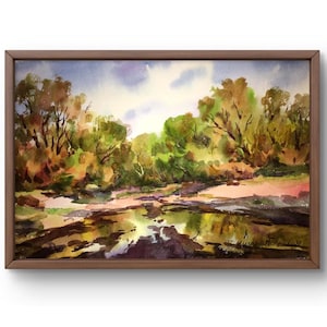 Pintura de acuarela paisaje original, pintura sobre cartón, paisaje forestal, arte hecho a mano, naturaleza, sin marco, paisaje de estanque, arte de pared