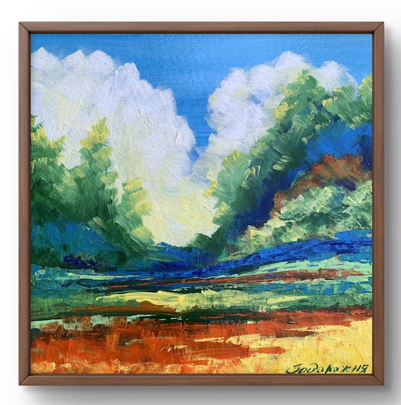油絵風景画オリジナル、段ボールに描いた絵、草原の風景、手作りアート