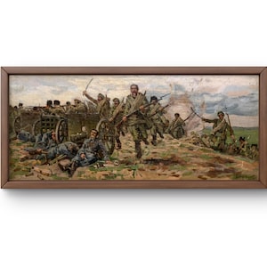 Retrato pintado al óleo original, pintura al óleo sobre cartón, escena dinámica de guerra con cielo nublado, arte hecho a mano, sin marco, arte de pared