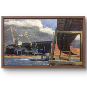 Pintura a óleo paisagem original, pintura a óleo sobre papelão, porto com guindastes e navio contra céu nublado, arte feita à mão, sem moldura, arte de parede