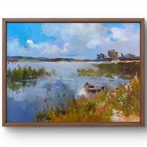 Pintura al óleo paisaje original, pintura al óleo sobre cartón, lago tranquilo rodeado de césped y flores, arte hecho a mano, sin marco, arte de pared