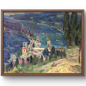 Pintura al óleo paisaje original, pintura al óleo sobre cartón, paisaje costero con vistas al mar, muelles y edificios, arte hecho a mano, sin marco