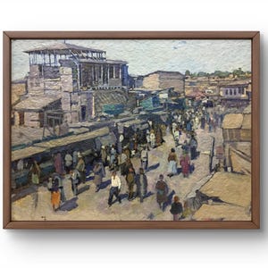 Pintura al óleo de paisaje original, pintura al óleo sobre cartón, mercado urbano concurrido con gente, arquitectura de la ciudad, arte hecho a mano, sin marco