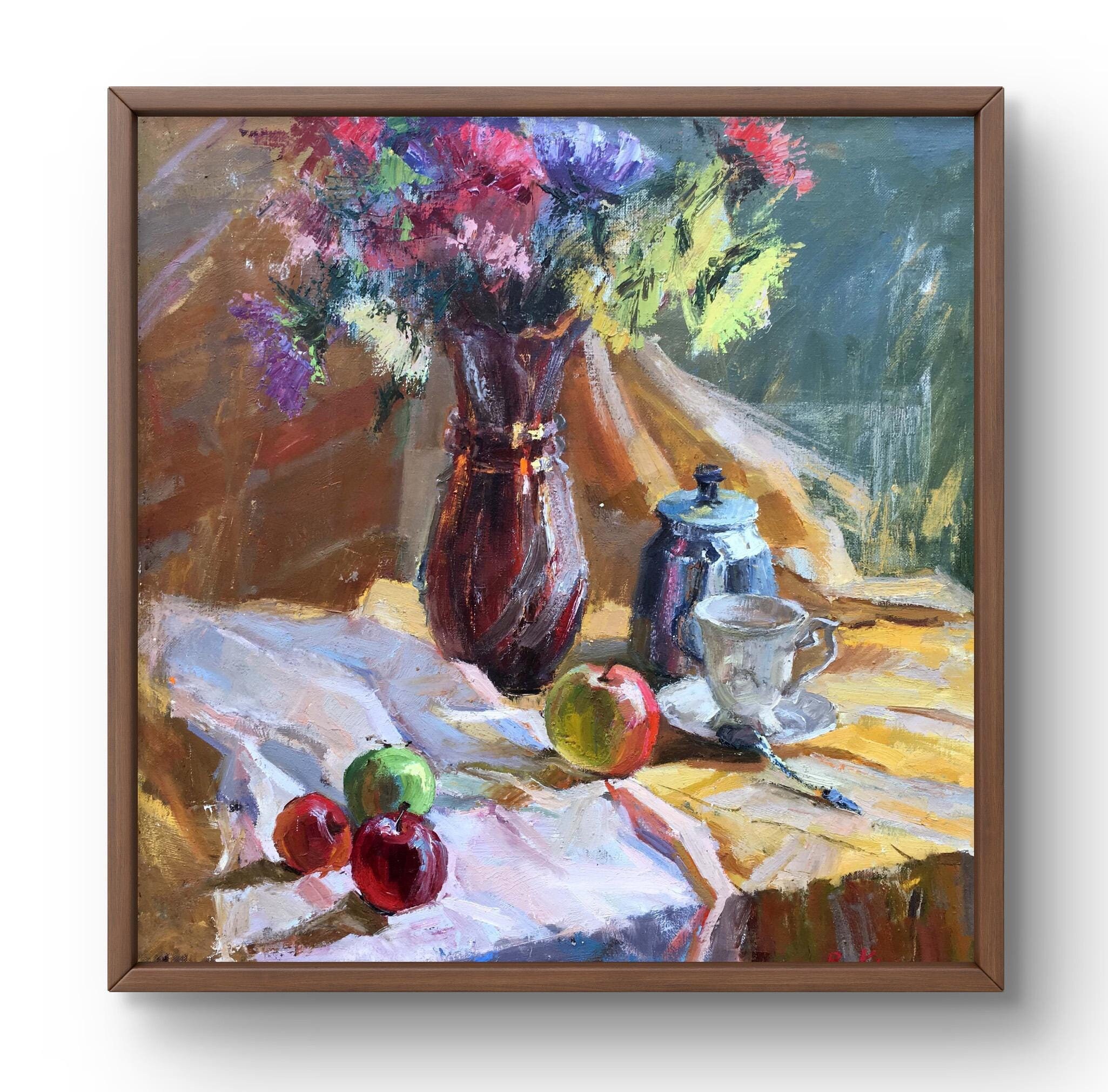 油絵の静物画、キャンバスに描かれた油絵、花瓶の花、ティーポット