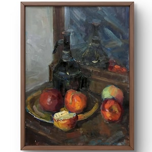 Pintura al óleo naturaleza muerta original, pintura al óleo sobre cartón, naturaleza muerta con manzanas y botellas, tonos oscuros, arte hecho a mano, enmarcado, arte de pared