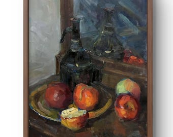 油絵の静物画、ボール紙に描いた油絵、リンゴとボトルのある静物画、暗い色合い、手作りアート、額入り、壁アート