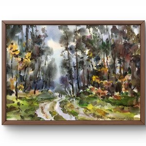Pintura de acuarela paisaje original, pintura sobre cartón, paisaje forestal, arte hecho a mano, naturaleza, sin marco, paisaje forestal, arte de pared