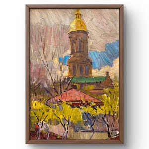 Pintura al óleo original de paisaje, pintura al óleo sobre cartón, escena primaveral brillante con árboles en flor, arte hecho a mano, enmarcado, arte de pared