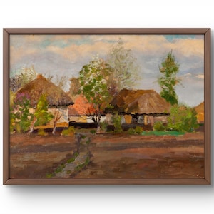 Pintura al óleo paisaje original, pintura al óleo sobre cartón, paisaje rural con encantadoras cabañas con techo de paja, arte hecho a mano, enmarcado, arte de pared