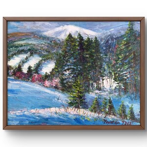 Pintura al óleo paisaje original, pintura sobre cartón, paisaje invernal, arte hecho a mano, naturaleza, sin marco, vista a las montañas, arte de pared