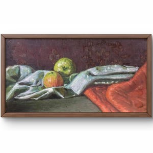 Pintura al óleo de bodegón original, pintura sobre cartón, bodegón de comida, arte hecho a mano, interior sin marco, bodegón de manzanas, arte de pared