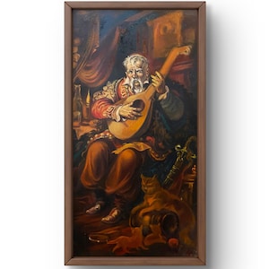 Retrato pintado al óleo original, pintura al óleo, retrato detallado de un personaje tocando un instrumento de cuerda, arte hecho a mano, sin marco